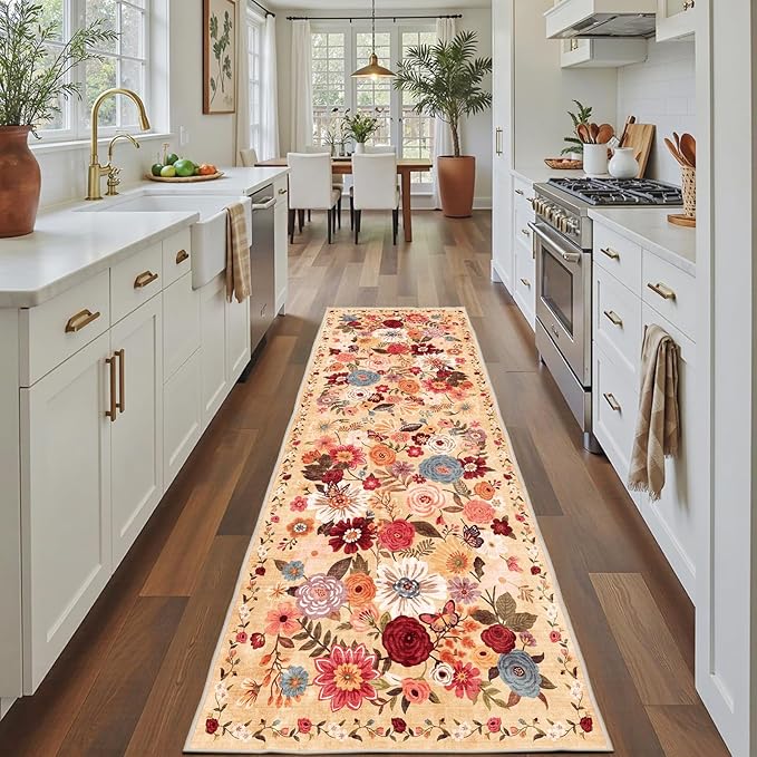 Rug for Hallways Kitchen Rug 2x8, Non Slip Washable Rugs with Rubber Backing Soft Floral Carpet Runner for Hallways, Kitchen, Laundry, Bedroom, Bathroom (2 x 8, Yellow Garden)