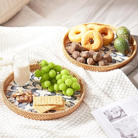 Rattan Tray with Mother of Pearl Inlay, Round Rattan Serving Tray with Wooden Base, Decorative Wicker Basket for Table Decor, Storage and Display of Jewelry Coffee Bread Food Fruit (Sapphire Blue)