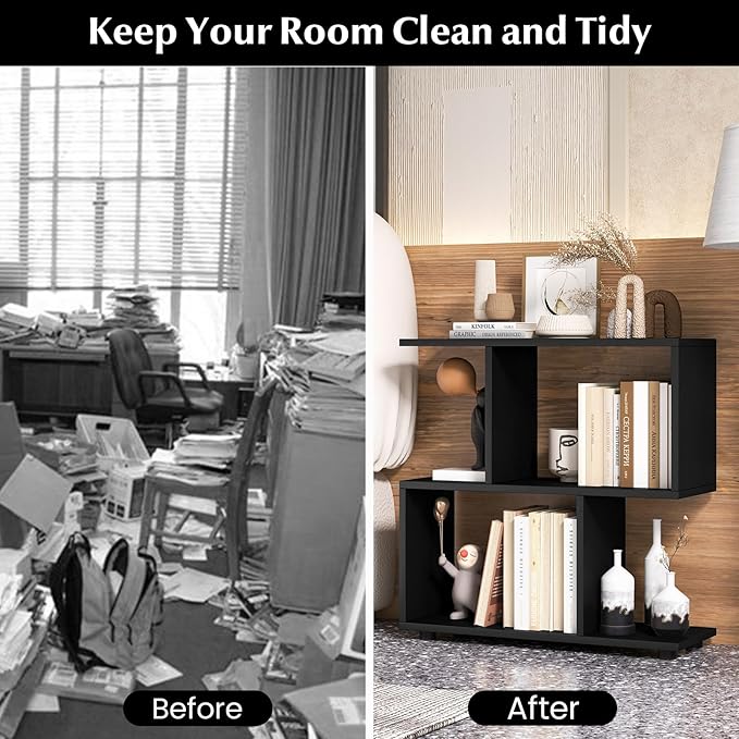 Giantex 3-Tier Geometric Bookshelf, 24" Tall Wood S-Shaped Display Shelves with Thick Foot Pads, Freestanding Open Shelves Nightstand, Floor Standing Display Shelf Bookcase, Black