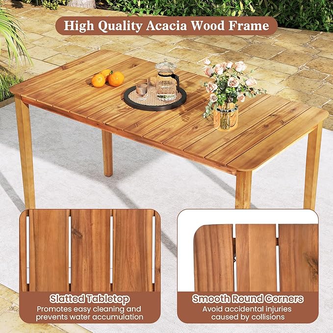 Tangkula Rectangular Outdoor Dining Table, 4-6 People Large Acacia Wood Patio Table with Slatted Tabletop, Indoor Outdoor Farmhouse Bistro Table for Yard, Garden, Poolside, Deck