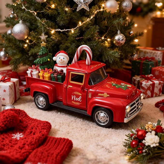 Christmas Red Truck Decor 5 Inch Vintage Farmhouse Metal Truck with Mini Christmas Village Accessories Rustic Xmas Tiered Tray Decor Winter Holiday Tabletop Decorations Xmas Party New Year Gifts