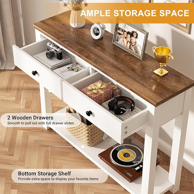 Homieasy Farmhouse Console Table with 2 Drawers, 32 Inch Small Sofa Table with Storage Shelf for Living Room, Behind Couch, Entryway Table for Hallway, Living Room, or Foyer, Rustic Brown and White