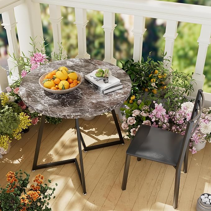 VECELO Small Round Dining Table Set for 2, Wood Tabletop with Strong Metal Frame, Modern Dinette with Chairs for Kitchen, Breakfast Nook Living Room, Faux Marbled & Grey