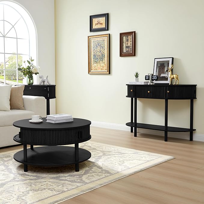 31.5” Round Coffee Table with Storage, Mid Century Modern 2 Tier Coffee Table with Tambour Sliding Door, Solid Wood Legs Fluted Center Table for Living Room Home Office Small Space, Black