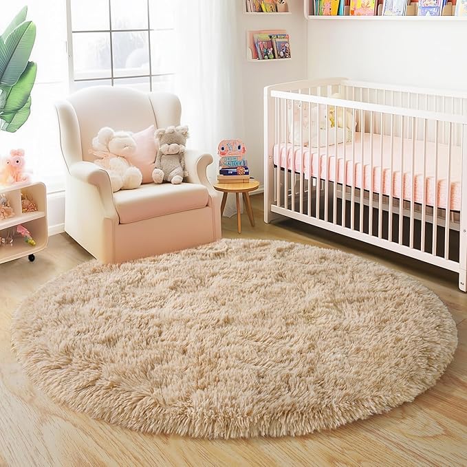 3'x3' Beige Round Rug for Bedroom, Ultra Soft Fluffy Circle Rug for Kids Girls Boys Room, Cute Small Shag Rugs for Living Room Playroom Tent Castle Home Decor Rug