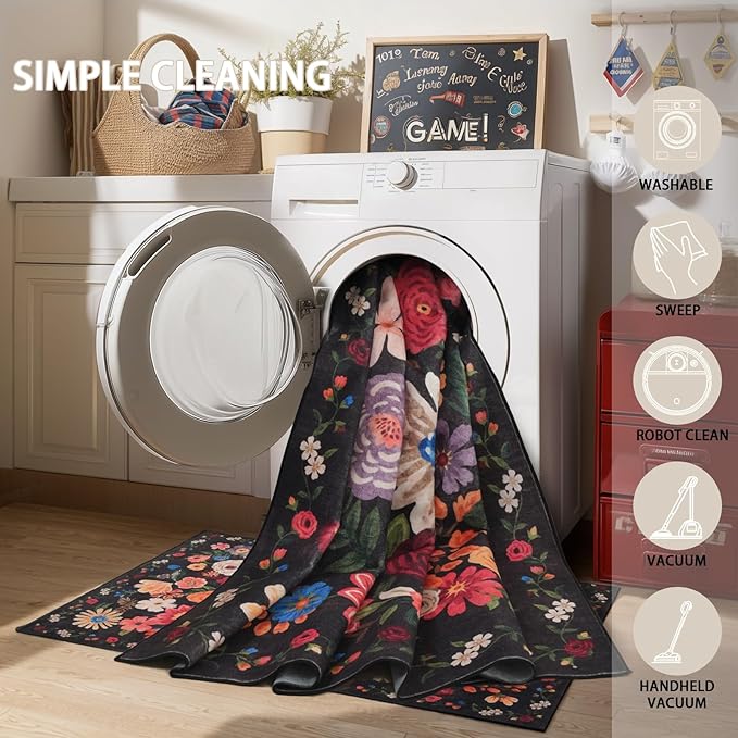 Black Living Room Rugs, Area Rugs 5x8 Rug for Bedroom Ultra-Thin Soft, Non-Slip Washable Rugs Stain Resistant Boho Rug Low-Pile Throw Rug for ‎Dining Room Office (5 x 8, Black Garden)