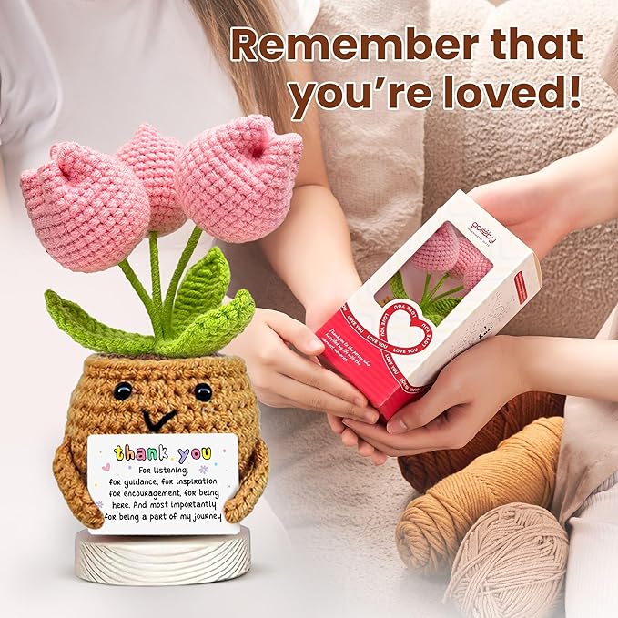 Gossby Handmade Positive Tulip Flower Crochet - Thank You for Listening - Knitted Decor - Thank You, Appreciation, Positive Gift for Women, Teacher, Mom, Friend, Coworker - Christmas, Birthday Gift