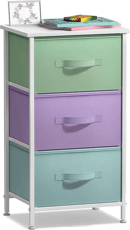 Sorbus Nightstand with 3 Drawers - Bedside Furniture & Accent End Table Storage Tower for Home, Bedroom Accessories, Office, College Dorm, Steel Frame, Wood Top, Easy Pull Fabric Bins (Pastel/White)