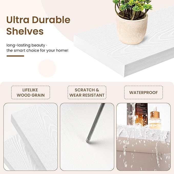 16in Floating Shelves for Wall, 16"W x 9.25"D x 1.25"H, 2 Pack Long Wall Mounted Engineered Wood Shelves with Invisible Brackets for Living Room, Bedroom, Bathroom, Kitchen Decor and Storage, White