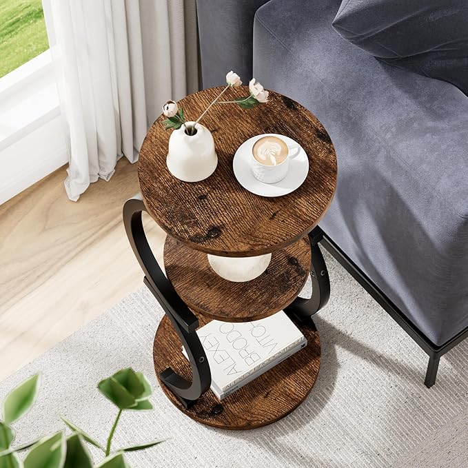 Small Side Table, 3-Tier Round End Table for Living Room, S-Shaped Accent Table for Small Spaces Sofa Couch Bedroom, Vintage Nightstand Wood Metal Coffee Table with Storage Shelf, Rustic Brown