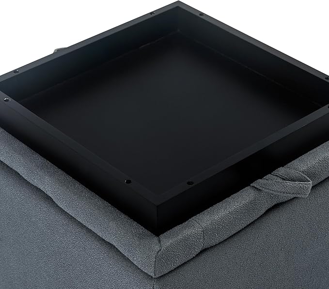 Adeco 18" Grey Square Storage Ottoman with Tray, Small Cube Ottoman Coffee Table with Decorative Fashion Paris Nails, Dorm Room, Bedroom, or Living Room