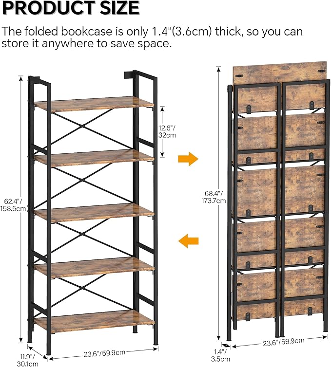Folding Bookshelf,5 Tier Bookcase Foldable Shelf with X-Bracket Design, Adjustable Feet, Space Saving Storage for Living Room, Office, Rustic Brown