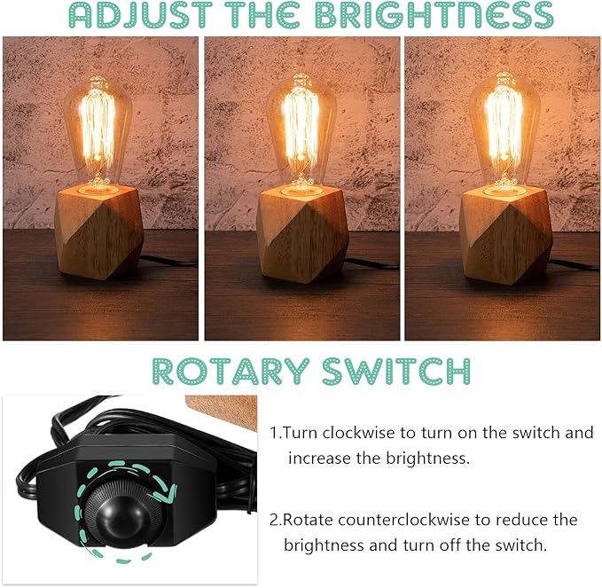 Riakrum 2 Pieces Industrial Wooden Lamp Base E26/ E27 Vintage Desk Lamp with Switch Plug Wood Small Lamp Base Polygon Industrial Night Light Boho Decor for Living Room Bedroom (No Bulb)