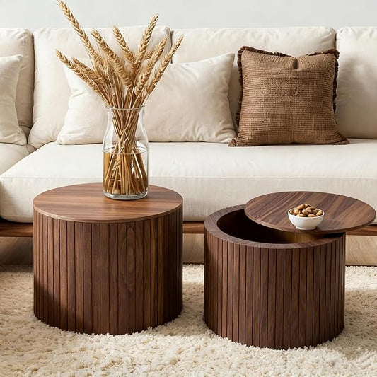 19.17" Nesting Coffee Table with Storage, Wooden Coffee Tables Set of 2, Circle Side Table for Small Spaces, Accent End Table for Living Room, Apartment, Office, Dorm.(Walnut)