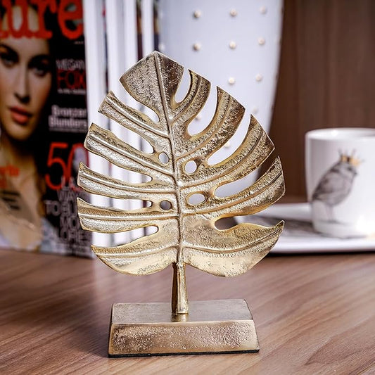 MyGift Brass Tone Metal Palm Leaf Modern Art Sculpture Decor, Monstera Plant Statue - Handcrafted in India