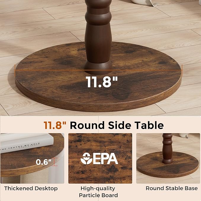 Round Side Tables Set of 2, Solid Wood Pillar with Wood Top & Base, Small Drink Accent Table for Living Room, Bedroom, Sofa & Office, Easy Assembly, Rustic Brown