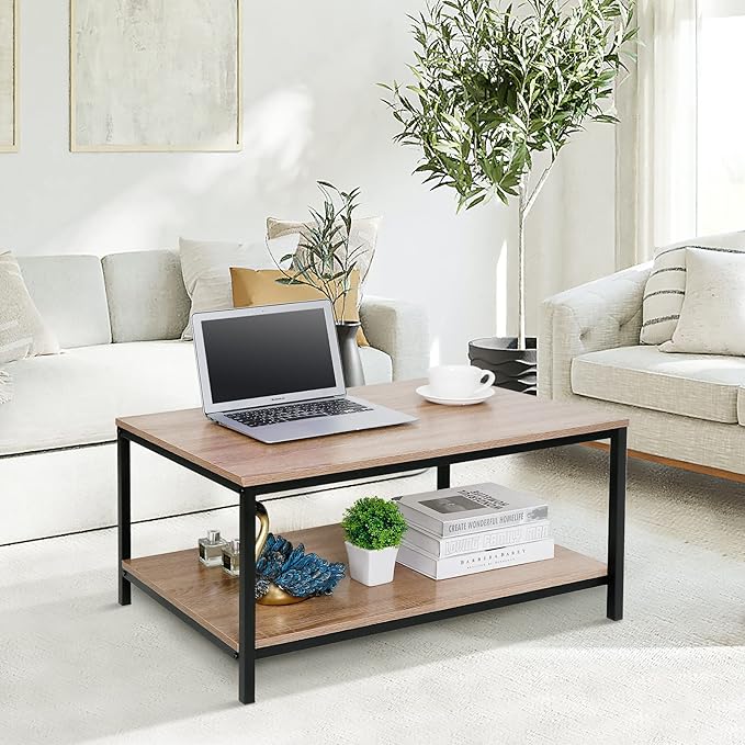 ZenStyle Industrial Coffee Table with Storage Shelf for Living Room, Wood Look Accent Furniture with Vintage Wooden Board Stable Metal Frame Cocktail Desk 2-Tier Tea Table