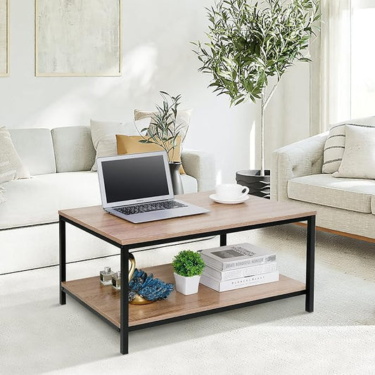 ZenStyle Industrial Coffee Table with Storage Shelf for Living Room, Wood Look Accent Furniture with Vintage Wooden Board Stable Metal Frame Cocktail Desk 2-Tier Tea Table