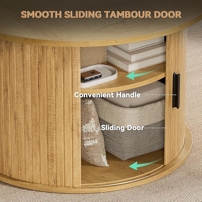 FABATO Round Lift Top Coffee Table, Fluted Wood Accent Coffee Table with Hidden Storage and Open Shelves, Drum Table with Sliding Rolling Door, Small Center Table Dining Table for Living Room, Wood