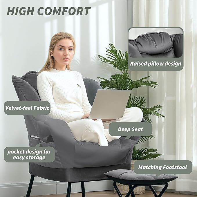 HOMCOM Modern Lazy Chair with Ottoman, Fabric Lounge Accent Chair, Leisure Sofa Armchair with Armrests, Side Pockets, Upholstered Reading Chair and Footstool Set for Living Room, Bedroom, Gray