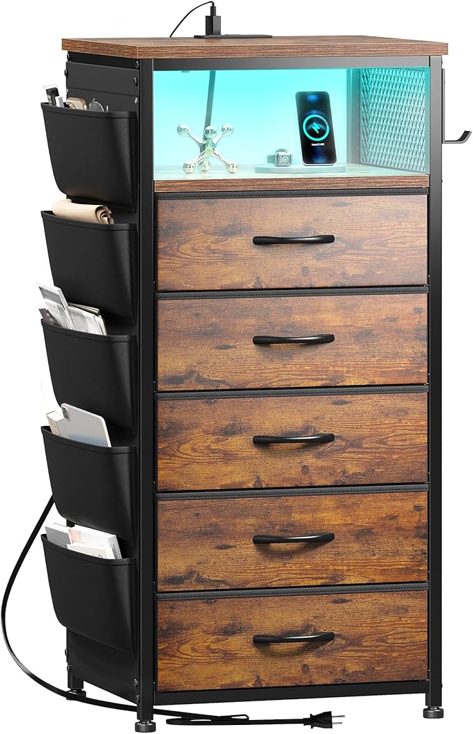 EnHomee Tall Night Stand with 5 Drawers, LED Nightstand with Ports & Outlets, Bedside Table with Extra Side Bag & Storage Shelf & Hooks, Bedroom, Dorm, Closet