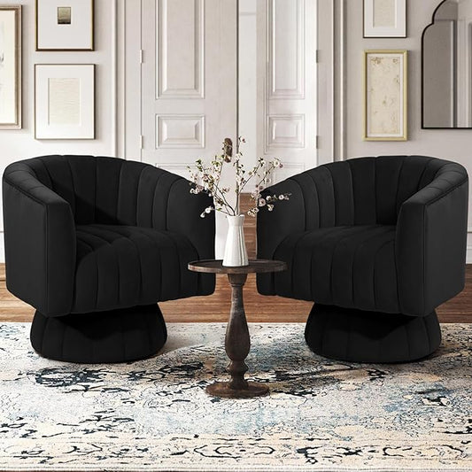 Kromax Swivel Accent Chair with Armrest, Set of 2, Mid Century 360 Degree Swivel Barrel Chair Overstuffed Tufted Velvet, Ideal for Living Room, Bedroom, Reading Room, Black