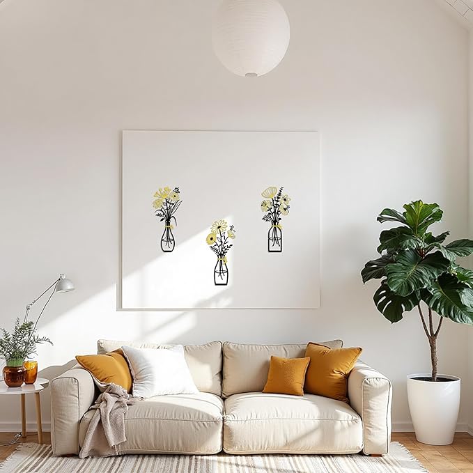 Iron Metal Vase Flower Wall Art Set of 3 - Minimalist Black Floral Decor for Living Room Bedroom Kitchen, Office Garden - Modern Farmhouse Home Decor & Housewarming Gifts (Black-Golden)