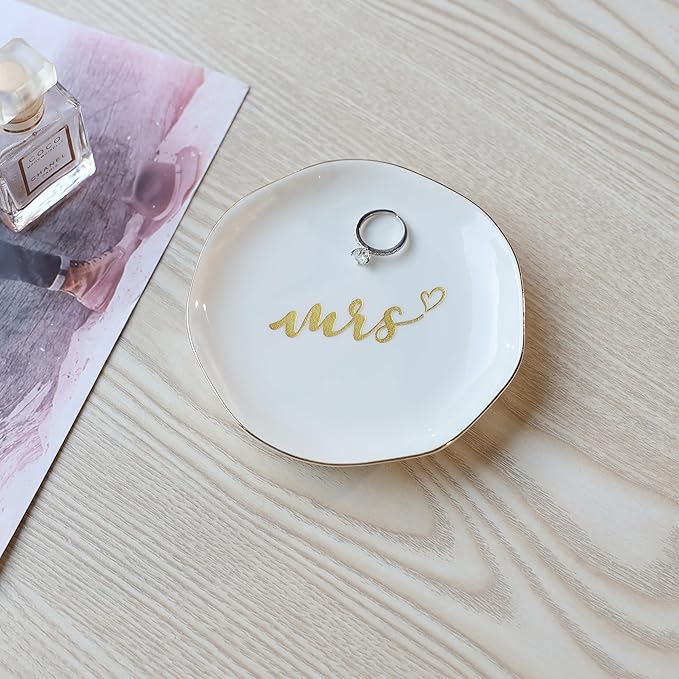 HOME SMILE Mrs Ring Dish, Engagement&Wedding Gifts for Women, Bridal Shower Present,Ceramic Jewelry Tray, 4.5"