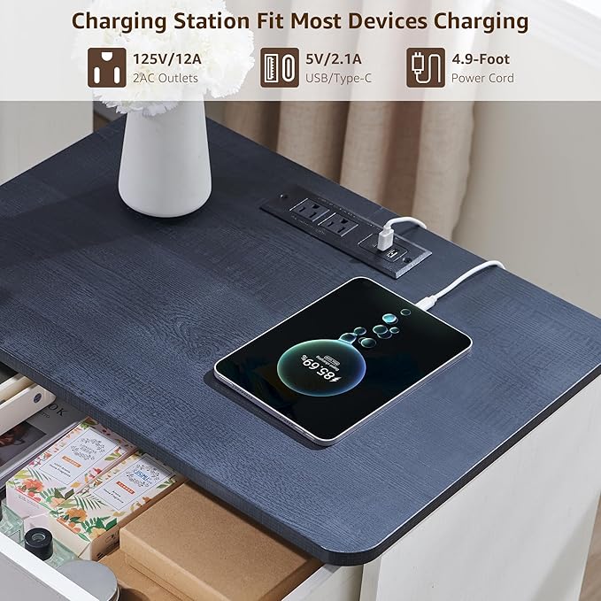 ACCOHOHO Modern Nightstand with Charger Station, 22" Wide Night Stand with Storage Drawer & Open Shelf, Large Bedside Table for Bedroom, Wood End Table, Curved Profile, White