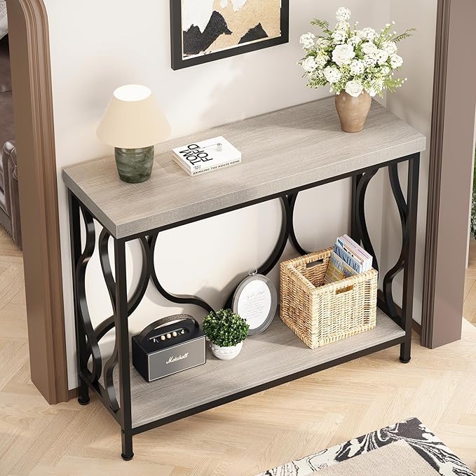 IBF Narrow Entryway Table with Storage, Modern Wood Metal Console Sofa Table Behind Couch Tables, Industrial Narrow Hallway Table for Living Room Home Office Foyer Entry Way Entrance, Grey, 39.4 Inch