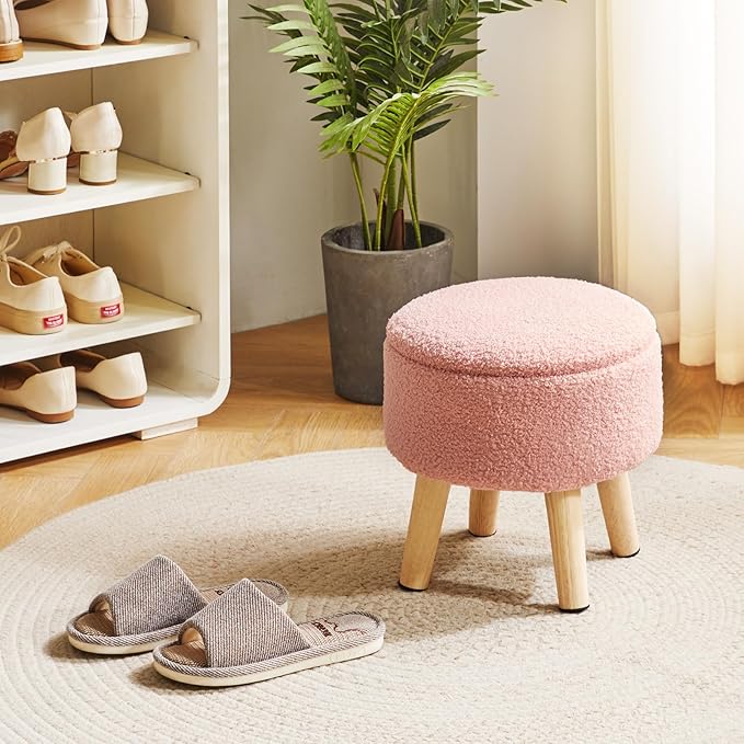 IBUYKE 13 Inch Foot Stool Ottoman with Storage, Round Small Foot Rest with Padded Seat and Wood Legs, Teddy Velvet Mini Footstool for Living Room Couch Bedroom Entryway, Pink WBD006P