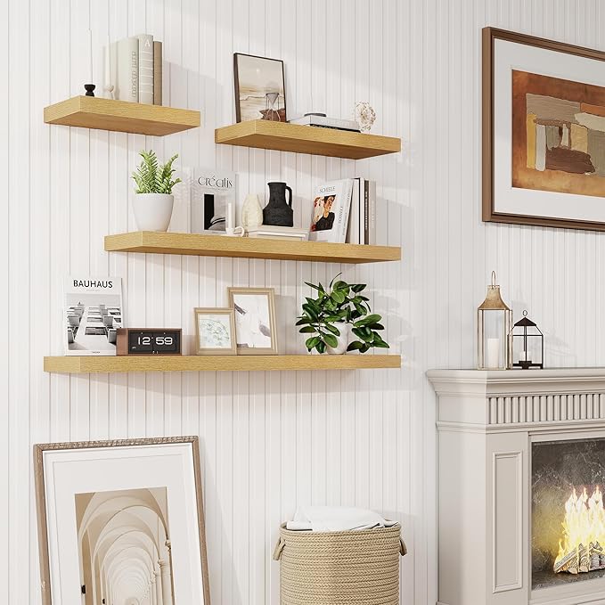 16in Floating Shelves for Wall, 16"W x 9.25"D x 1.25"H, 2 Pack Long Wall Mounted Engineered Wood Shelves with Invisible Brackets for Living Room, Bedroom, Bathroom, Kitchen Decor and Storage, Oak