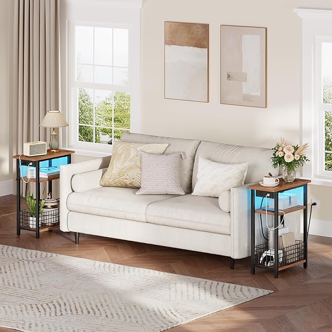 HOOBRO Narrow Side Table with Charging Station and LED Light, Set of 2, Small End Table with Storage, Skinny Nightstand Slim Bedside Table for Small Spaces, Living Room, Rustic Brown BF242UDBZP201