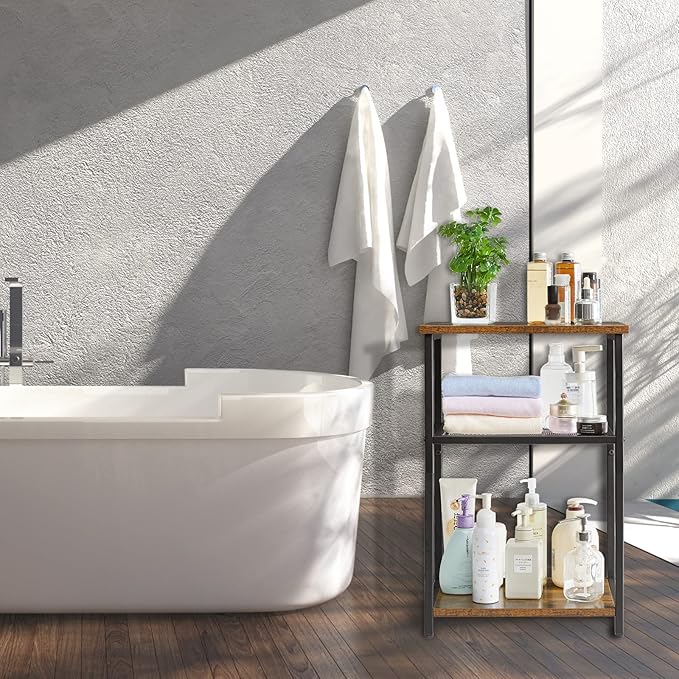 IBUYKE Side Table,3-Tier End Table, Industrial Nightstand Small Table with Storage Shelf, for Bedroom, Living Room, Hallway, with Metal Frame,Rustic Brown UTMJ403H