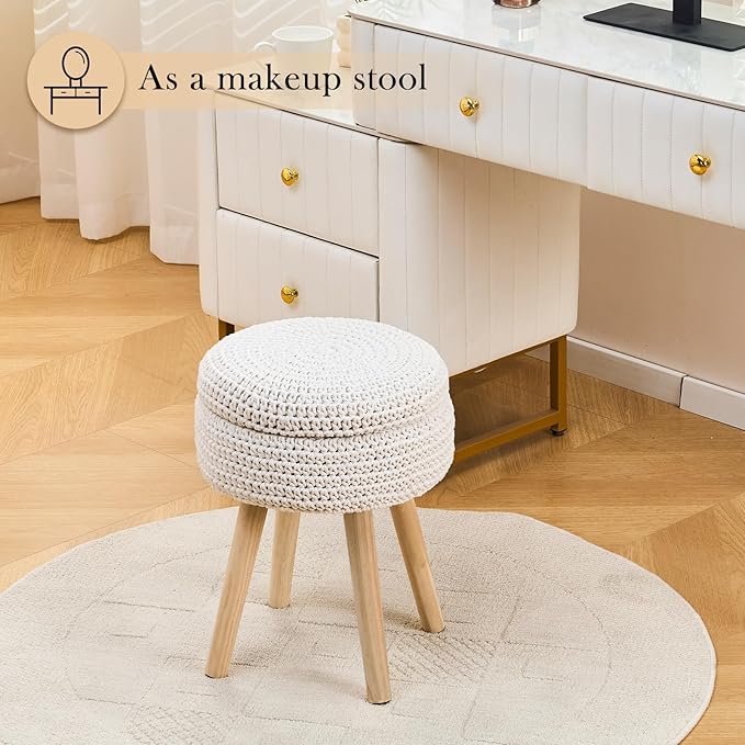 Round Foot Stool Ottoman with Storage Footrest with Wood Legs Cotton Knitted Vanity Stool Tray Top Coffee Table Multifunctional Upholstered Footstool for Living Room Bedroom White