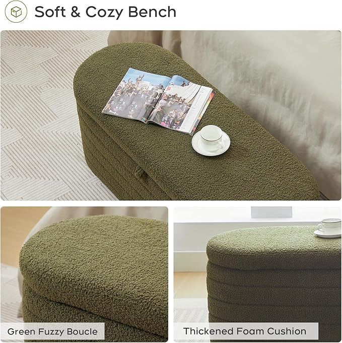 Storage Ottoman Bench End of Bed for Bedroom,45 inch Boucle Upholstered Entryway Shoe Seat Bench w/ Storage,Sherpa Modern Cute Padded Blanket Chest Stool Foot Rest for Living Room,Window Seating,Green