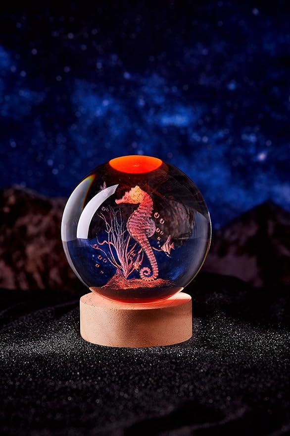 Sea Horse Crystal Ball Lamp with LED Wooden Base, 16 Colors Change & Remote Control Seahorse Crystal Ball Night Light, Upgraded 3.15 Inch Glass Light, Gift for Kids Wife Girlfriend (sea horse)
