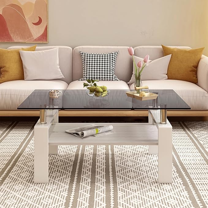 Modern 2-Tier Coffee Table with Tempered Glass Top, MDF Shelf & Metal Legs, Rectangular Living Room Center Table, Sturdy & Stylish Table for Small Spaces, Lounge or Office