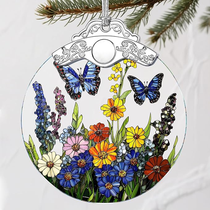 Stained Glass Butterfly-Flower Christmas Ornament: Christmas Tree Ornaments & Decor, Holiday Decor – Holiday Presents, Gift Ideas & Gifts for Friends, Coworker, and Family