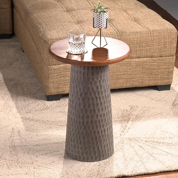 Mid-Century Farmhouse Design Hand-Carved Pedestial Solid Mango Wood Accent Drink Table, Small Round Side Table with Round Natural Top for Living Room, Bedroom or Entryway, Gray, Assembled