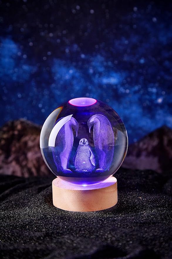 Penguin Crystal Ball Lamp with LED Wooden Base, 16 Colors Change & Remote Control Crystal Ball Night Light, Upgraded 3.15 Inch Glass Light, Gift for Kids Wife Girlfriend (Penguin)