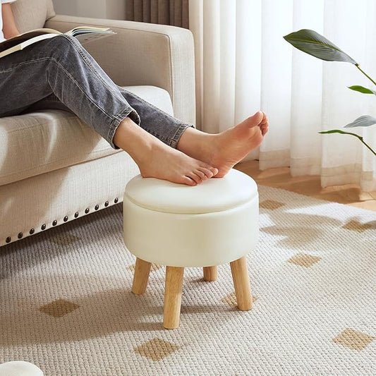 IBUYKE 13 Inch Foot Stool Ottoman with Storage, Round Small Foot Rest with Padded Seat and Wood Legs, PU Faux Leather Mini Footstool for Living Room Couch Bedroom Entryway, Beige WBD023W