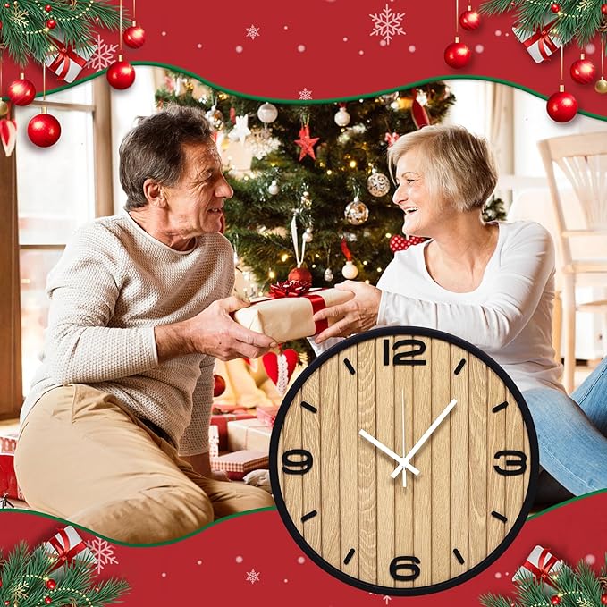 10 Inch Round Wall Clock Battery Operated Wooden, Non-Ticking Quartz Decorative Analog Clocks for Apartment, Living Room, Bedroom, Hallway, Classroom - Easy to Install & Read