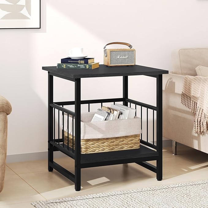 18" Square End Table, Modern Nightstand Side Table, Nightstand with Open Storage Shelf for Living Room, Heavy Duty Stand of Mini Beverage for Dorm, Kitchen Room, Black