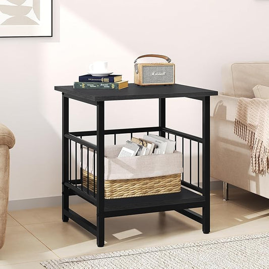 18" Square End Table, Modern Nightstand Side Table, Nightstand with Open Storage Shelf for Living Room, Heavy Duty Stand of Mini Beverage for Dorm, Kitchen Room, Black