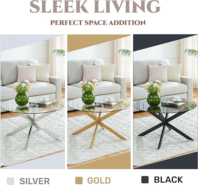 Round Glass Coffee Tables for Living Room, Home Office, Modern & Simple Center Table with Clear Tempered Glass Top, 35.5" Wx19.7 H Silver