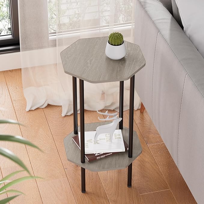 Side Table, Octagonal End Table for Small Spaces, Nightstand with 2 Storage Shelves, Small Table Stand for Bedroom, Living Room, Outdoor Balcony(Gray)