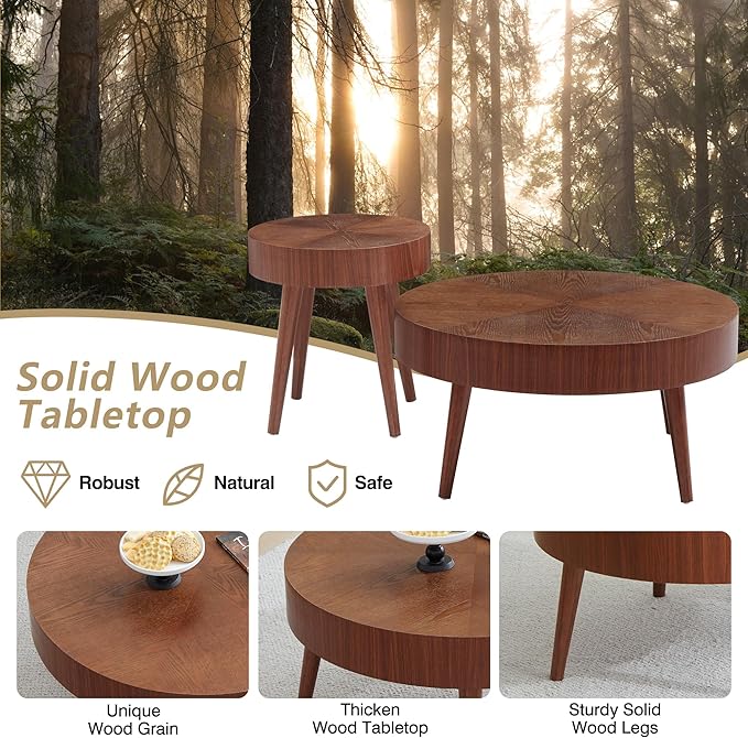 AVZEAR Nesting Round Coffee Table Set of 2, Mid Century Modern Coffee Table, Natural Wood Nesting Tables Walnut Side Table and Farmhouse End Table Set for Living Room Bedroom, Cafe, Office(Walnut)