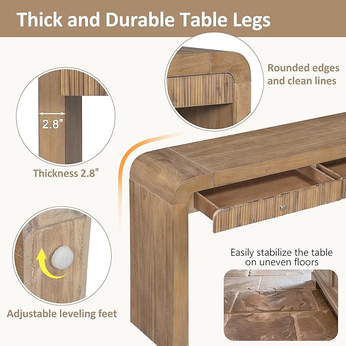 kevinplus 54.3'' Rustic Wood Console Table Sofa Table with Fluted Drawer Storage for Entryway, Modern Elegant Design & Curved Edge, Easy Assemble, Natural