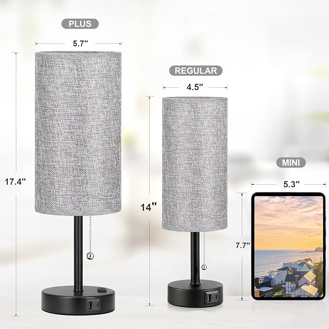 17.4Inches Grey Bedside Lamp for Bedroom Nightstand - Tall Table Lamp with USB A + C Charging Port & AC Outlet, 3 Color Temperatures Pull Chain Light, Side Table Desk Reading Lamp for Living Room
